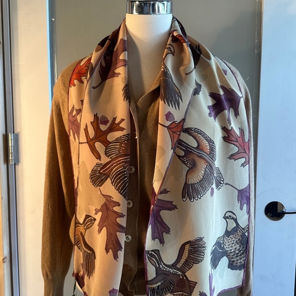 The Painted Trout Accessories - Handmade Silk Scarf, Original Design One-of-a-Kind Quails Grouse Leaves Tan